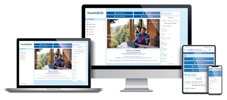 HealthElife web page shown on different devices