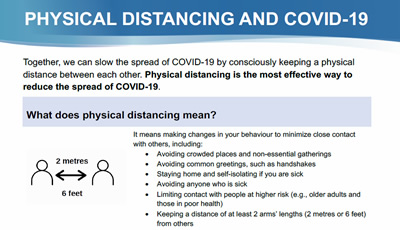 Physical distancing and COVID-19 poster.