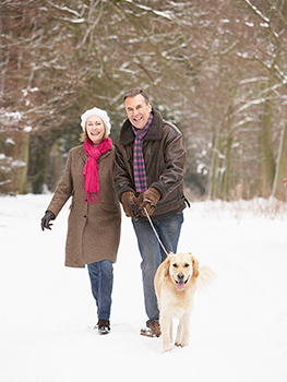 Senior couple walking a dog on a forest trail in the winter.