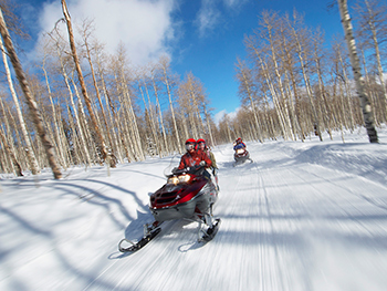 Riders on snowmobiles on winter trail on a sunny day.