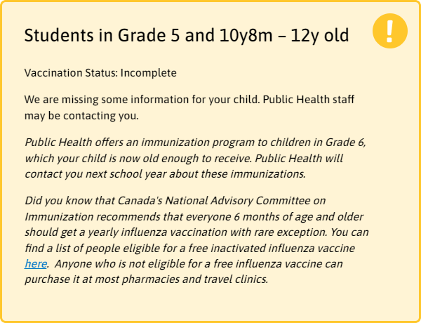 Vaccine status incomplete grade 6 graphic