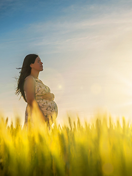 Pregnant woman in sunny field with a breeze