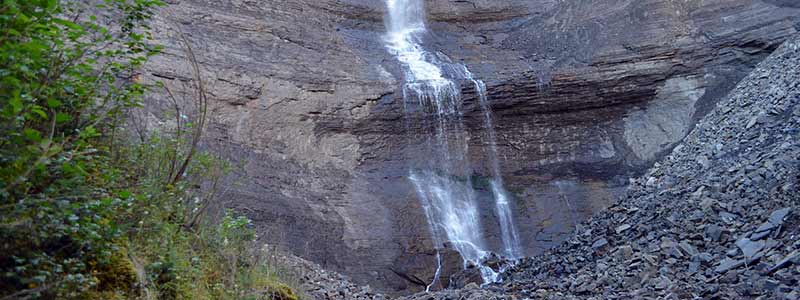 Waterfall spilling on to shale rocks near Tumbler Ridge.
