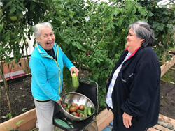 Two ladies smiling and showing vegetables from a garden.